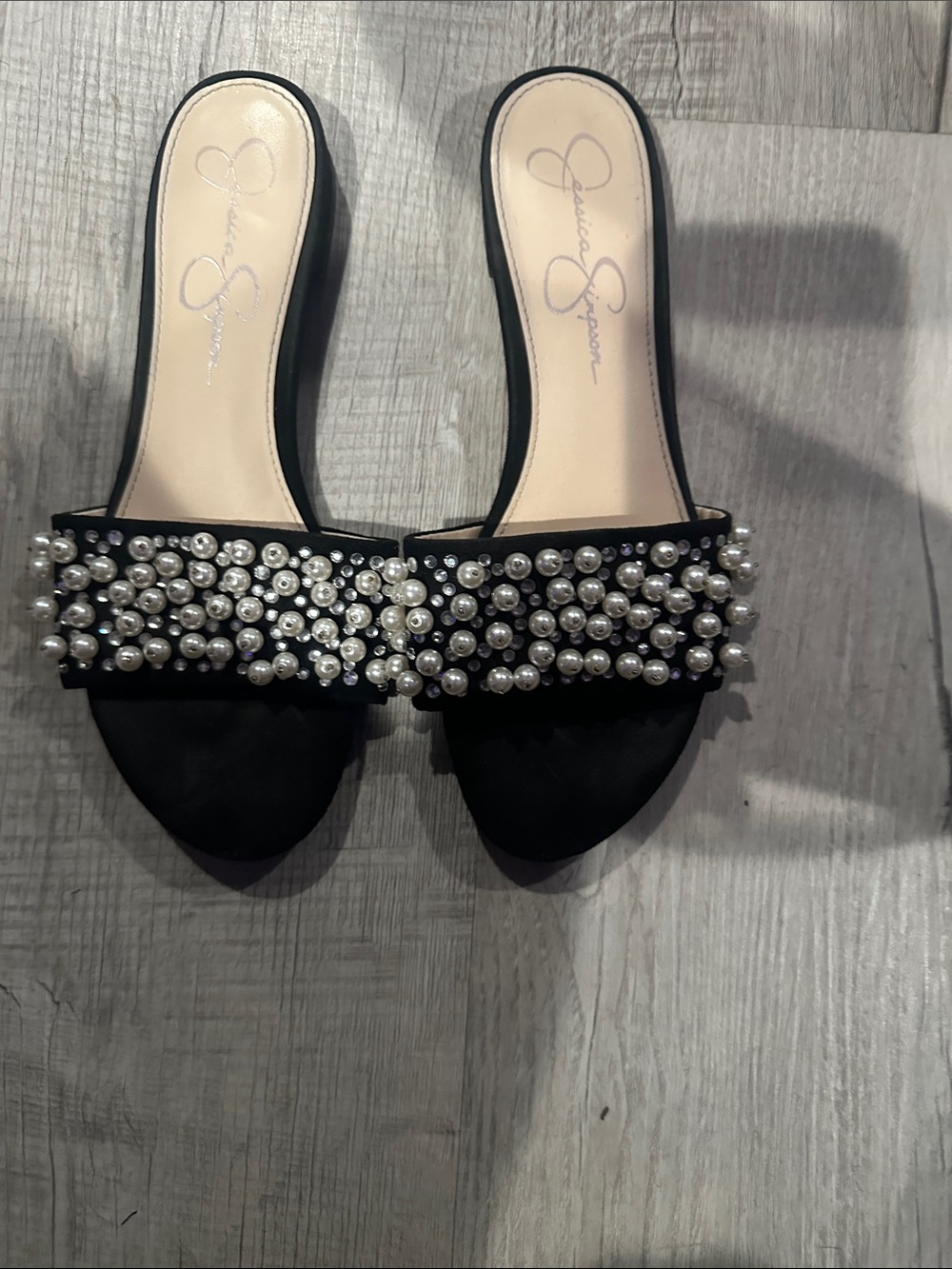 Jessica Simpson Black Slide Mules with Pearl & Crystal Embellishment